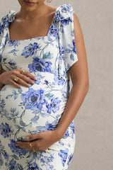 Linnie | Blue Floral Print Square-Neck Maternity Midi Dress With Bow Straps