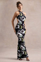 Tuscany | Black Floral Print Halter-Neck Split Maxi Dress