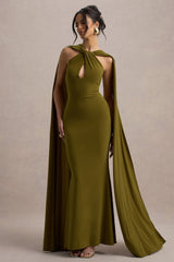 Rhoda | Green Twist Halter-Neck Cape Maxi Dress
