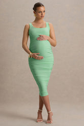 Lisbon | Light Green Maternity Square Neck Ruched Midi Dress