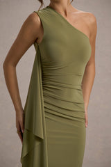 Adelina | Olive One-Shoulder Maxi Dress With Drape