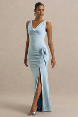 Pure Affection | Powder Blue Cowl-Neck Maxi Dress With Ruched Detailing And Front High Split