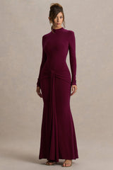 Pietra | Berry High-Neck Long Sleeve Knot Maxi Dress