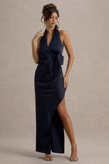 Santorini | Navy Satin Plunge-Neck Wrap Maxi Dress