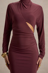 Pandora | Burgundy Long-Sleeve Midi Dress With Cut-Out