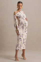 Katarine | Peach Floral Print Asymmetric Knot Maternity Midi Dress