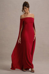 Genovia | Red Bardot Cape Maxi Dress