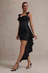 Lesina | Black Satin Ruched Corset Mini Dress With Drape