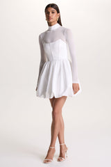 Tinkerbell | White Satin Long-Sleeve Puffball Mini Dress