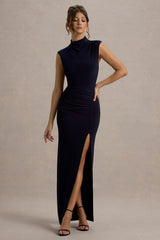 Lanetta | Navy Ruched High-Neck Maxi Dress With Split