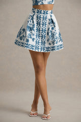 Modella | Blue Porcelain Print Skater Mini Skirt