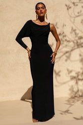 Floria | Black Draped One-Sleeve Maxi Dress