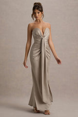 Mackenzie | Champagne Satin Plunge-Neck Draped Maxi Dress