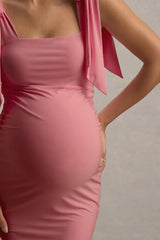 Linnie | Pink Square-Neck Maternity Midi Dress With Bow Straps