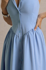 Samsara | Light Blue Plunge-Neck Collared Midi Dress