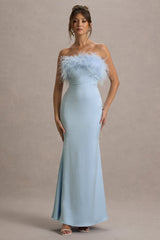Dress For It | Powder Blue Satin Feather Trim Bandeau Maxi Dress