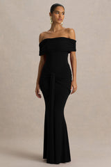 Envisioned | Black Bardot-Neck Maxi Dress With Gathered And Drape Detail