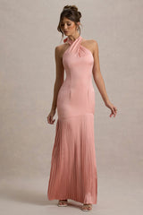 Sansa | Light Pink Satin Cross Halter-Neck Plisse Maxi Dress