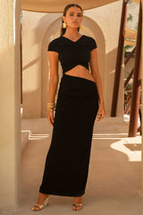 Pia | Black Short-Sleeve Maxi Dress With Cut-Out