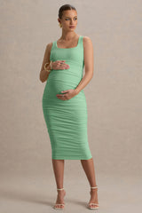 Lisbon | Light Green Maternity Square Neck Ruched Midi Dress