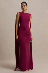 Premiere | Burgundy Boat-Neck Maxi Dress With Open-Back And Cape-Sleeves