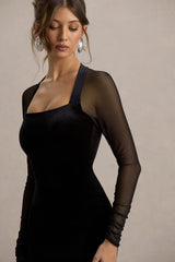 Off-Piste | Black Velvet Bodycon Mini Dress With Sheer Sleeves