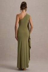 Adelina | Olive One-Shoulder Maxi Dress With Drape