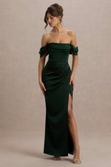 Annie | Bottle Green Satin Bardot Maxi Dress With Split Wrap Skirt