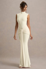 Graziana | Pale Lemon High-Neck Gathered Draped Maxi Dress