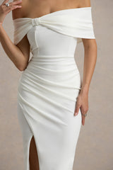 Eva | White Bardot Bow Detail Maxi Dress With Thigh Split