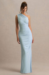 Daphne | Powder Blue Asymmetric-Neck Maxi Dress With Ruched Detailing