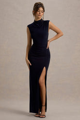 Lanetta | Navy Ruched High-Neck Maxi Dress With Split