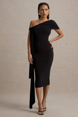 Vallea | Black One-Shoulder Draped Midi Dress