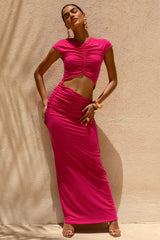 Pia | Hot Pink Short-Sleeve Maxi Dress With Cut-Out