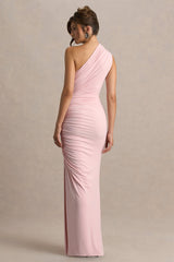 Daphne | Pink Asymmetric-Neck Maxi Dress With Ruched Detailing