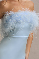 Dress For It | Powder Blue Satin Feather Trim Bandeau Maxi Dress