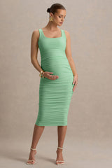 Lisbon | Light Green Maternity Square Neck Ruched Midi Dress