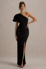 Vittoria | Black Asymmetric Puff-Sleeve Split Maxi Dress