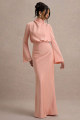 Celina | Light Pink Satin High-Neck Maxi Dress