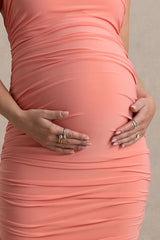 Shellie | Coral High-Neck Maternity Midi Dress With Corsage Detail