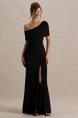 Dynasty | Black Asymmetric-Neck Maxi Dress With Ruched Detailing And Front High-Split
