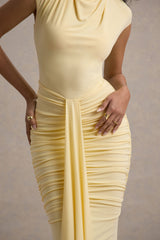 Lorenza | Pale Lemon High-Neck Ruched Maxi Dress With Draped Skirt