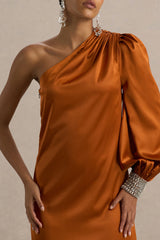 Thelma | Orange Satin Asymmetric Maxi Dress With One-Sleeve