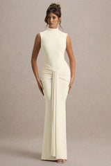 Graziana | Pale Lemon High-Neck Gathered Draped Maxi Dress