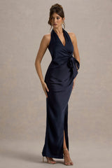 Santorini | Navy Satin Plunge-Neck Wrap Maxi Dress