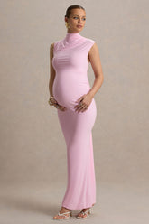 Kienna | Pink Ruched High-Neck Maternity Maxi Dress