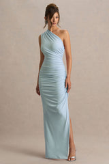 Daphne | Powder Blue Asymmetric-Neck Maxi Dress With Ruched Detailing