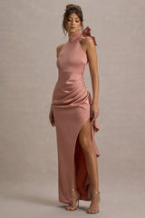 Maureen | Pink Satin High-Neck Draped Maxi Dress