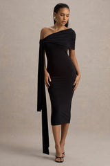 Vallea | Black One-Shoulder Draped Midi Dress