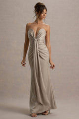 Mackenzie | Champagne Satin Plunge-Neck Draped Maxi Dress
